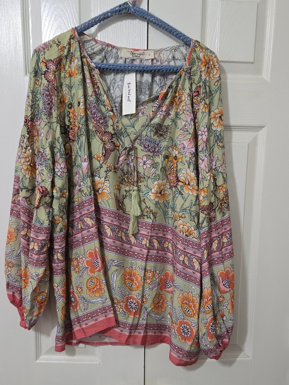 Three Bird Nest Sage Floral Paisley Peasant Tunic with Tassel Tie